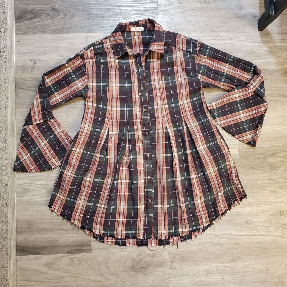 Faveur Womens Sz Small Raw Edge Plaid Flannel Shirt Dress Boho Hippie Grunge
